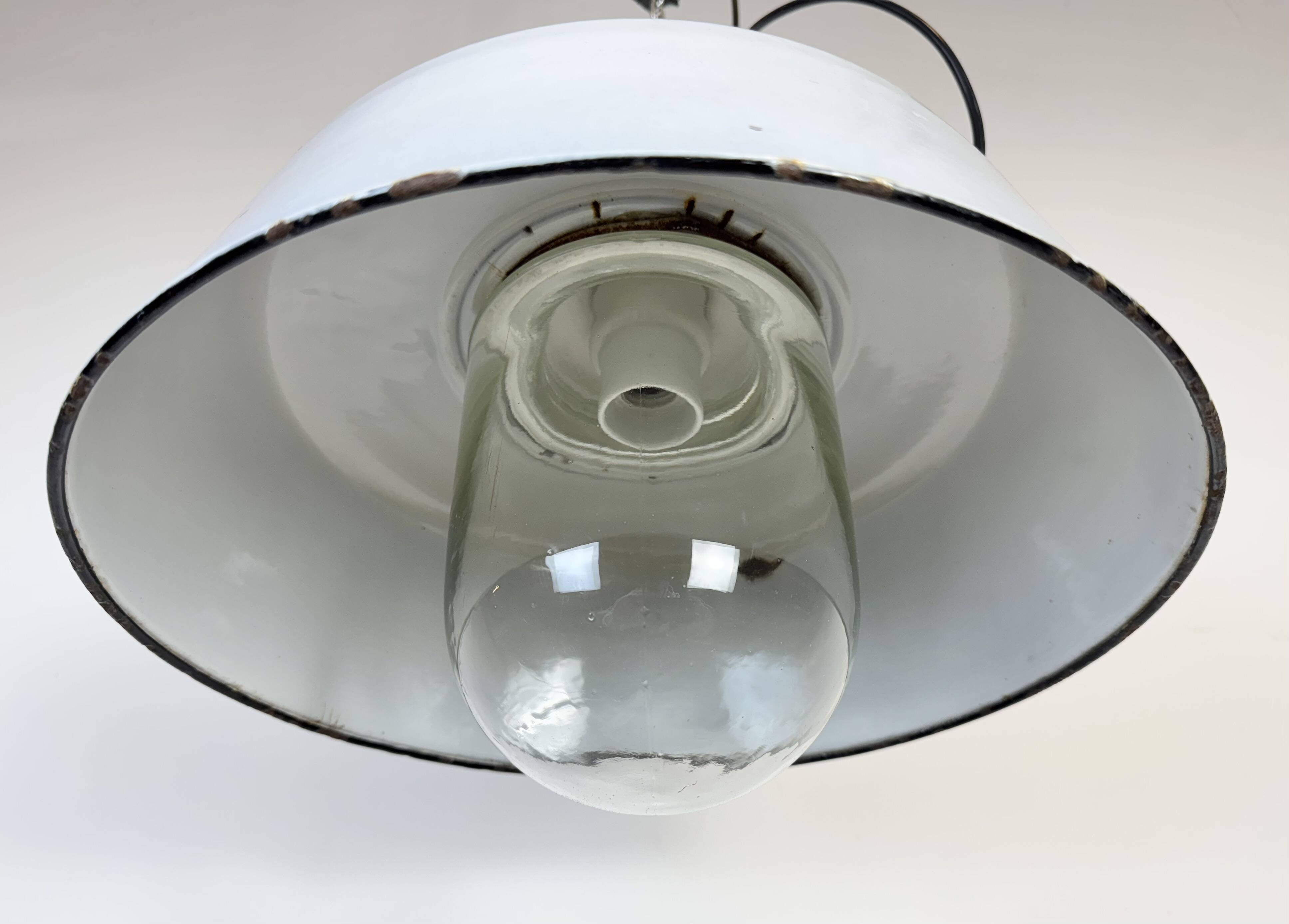 Industrial Grey Enamel Factory Pendant Lamp with Glass Cover, 1960s