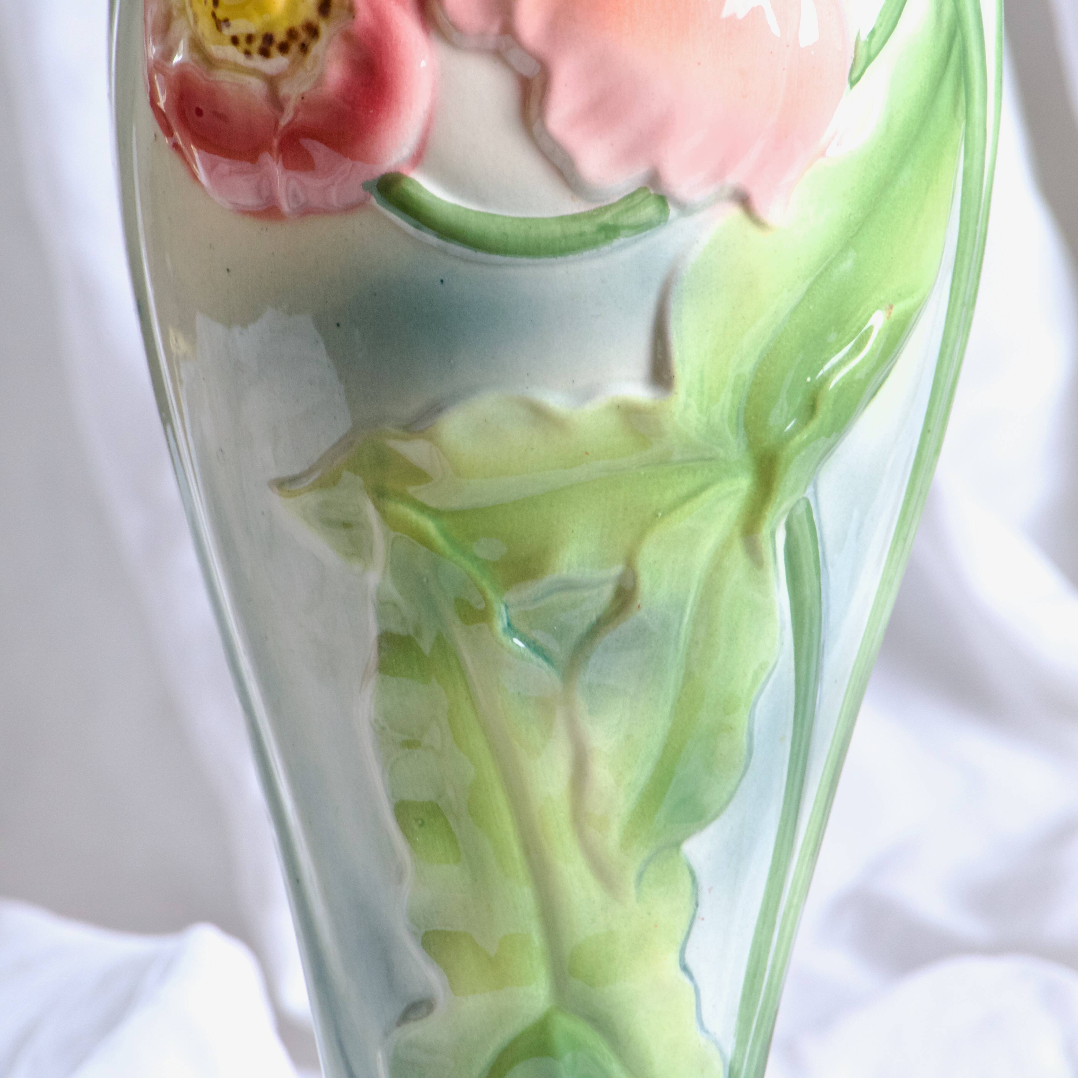 Large antique St Clément vase in barbotine Anemones hand painted