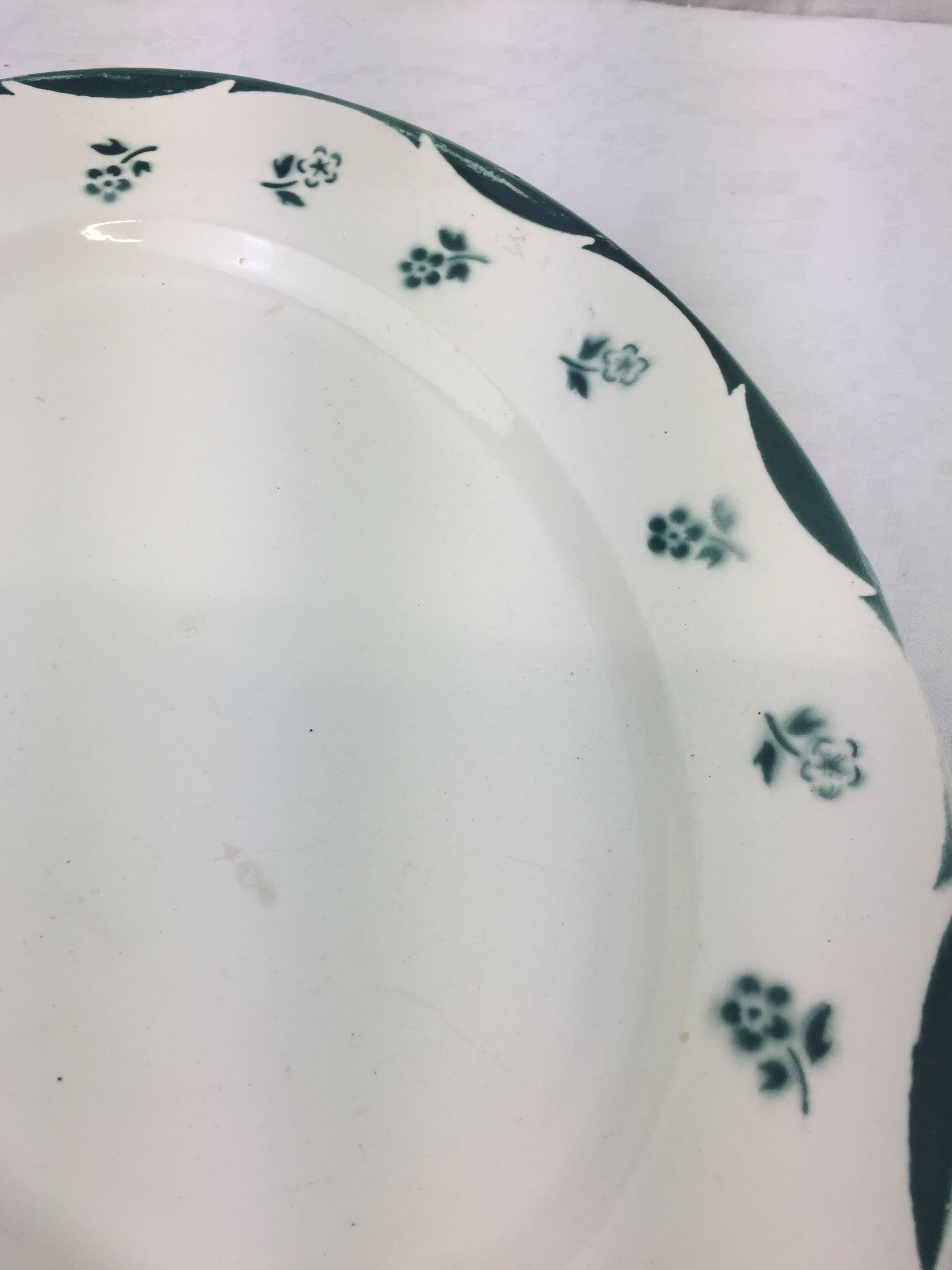 Antique oval dish made in France Digoin Sarreguemines, green flower decoration