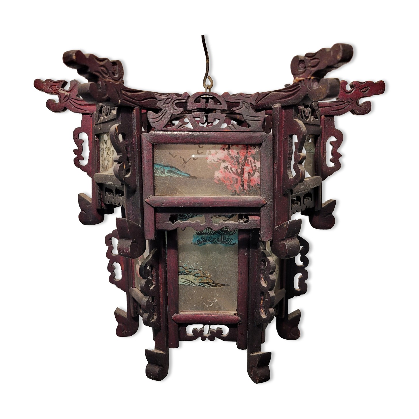 Carved wooden lantern and painted glass - China, Late 19th century