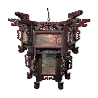 Carved wooden lantern and painted glass - China, Late 19th century