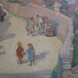 Painting scene of harvest in village around 1950