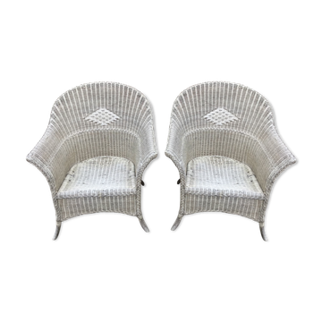 2 fauteuils vintage en rotin grisé des années 60