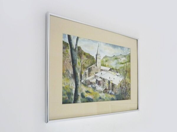 Aquarelle originale de Carani église en montagne. Signée