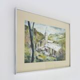 Original watercolor by Carani church in the mountains. Signed