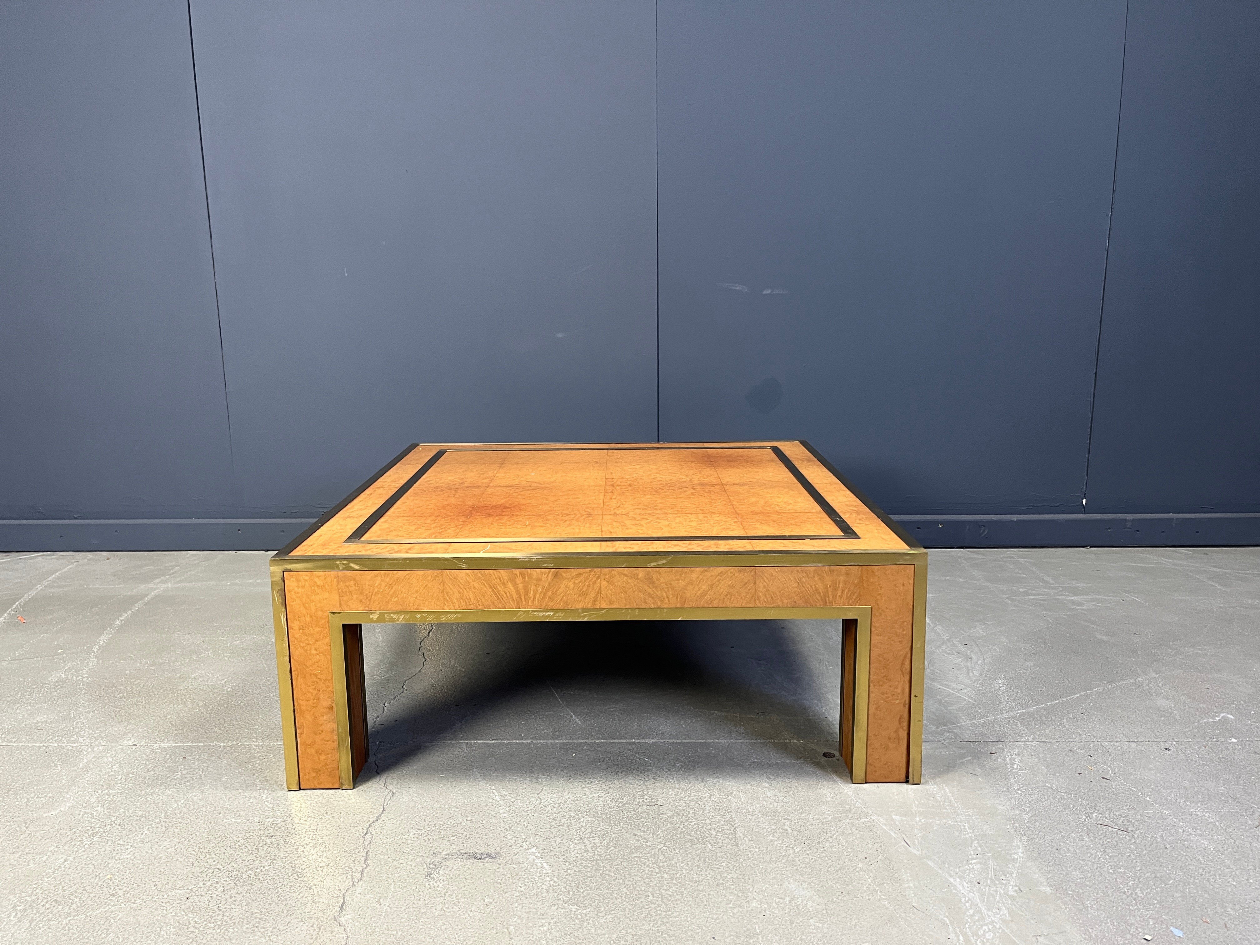 Brass and burl wood coffee table by Jean Claude Mahey, 1970s