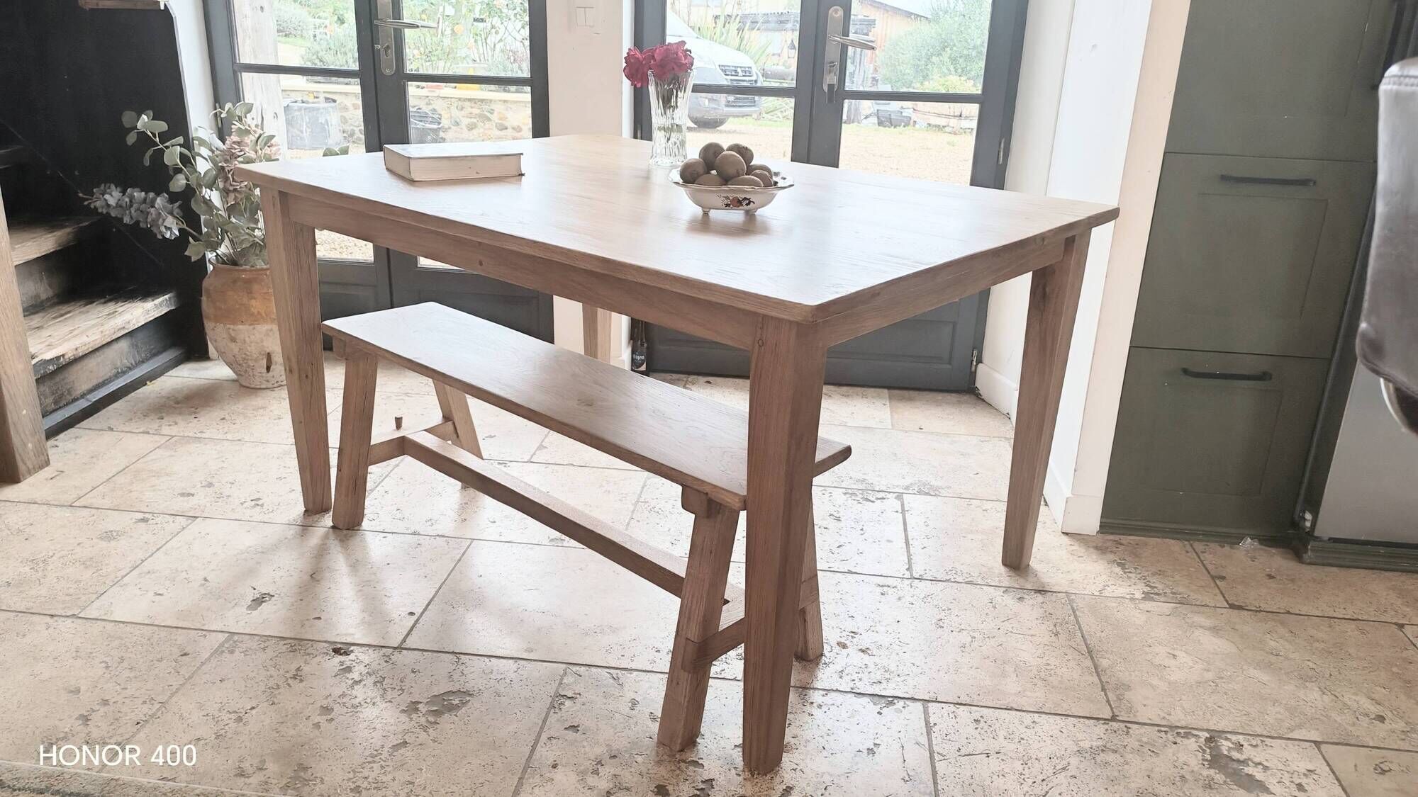 Farm table and bench ("A frame") in solid French oak.
