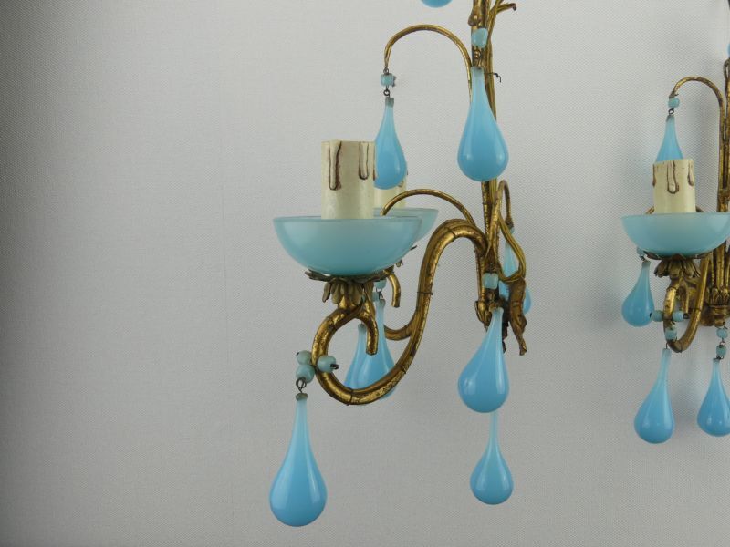 Pair of vintage wall lamps Murano blue opaline tassels
