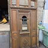 19th-century solid oak entrance door with three openings, including frame.