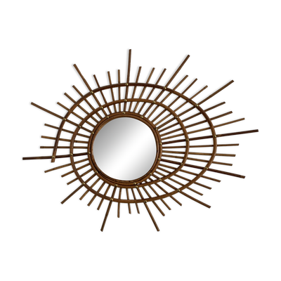 Miroir vintage 1960 soleil rotin osier ortf spirale design - 68 x 52 cm