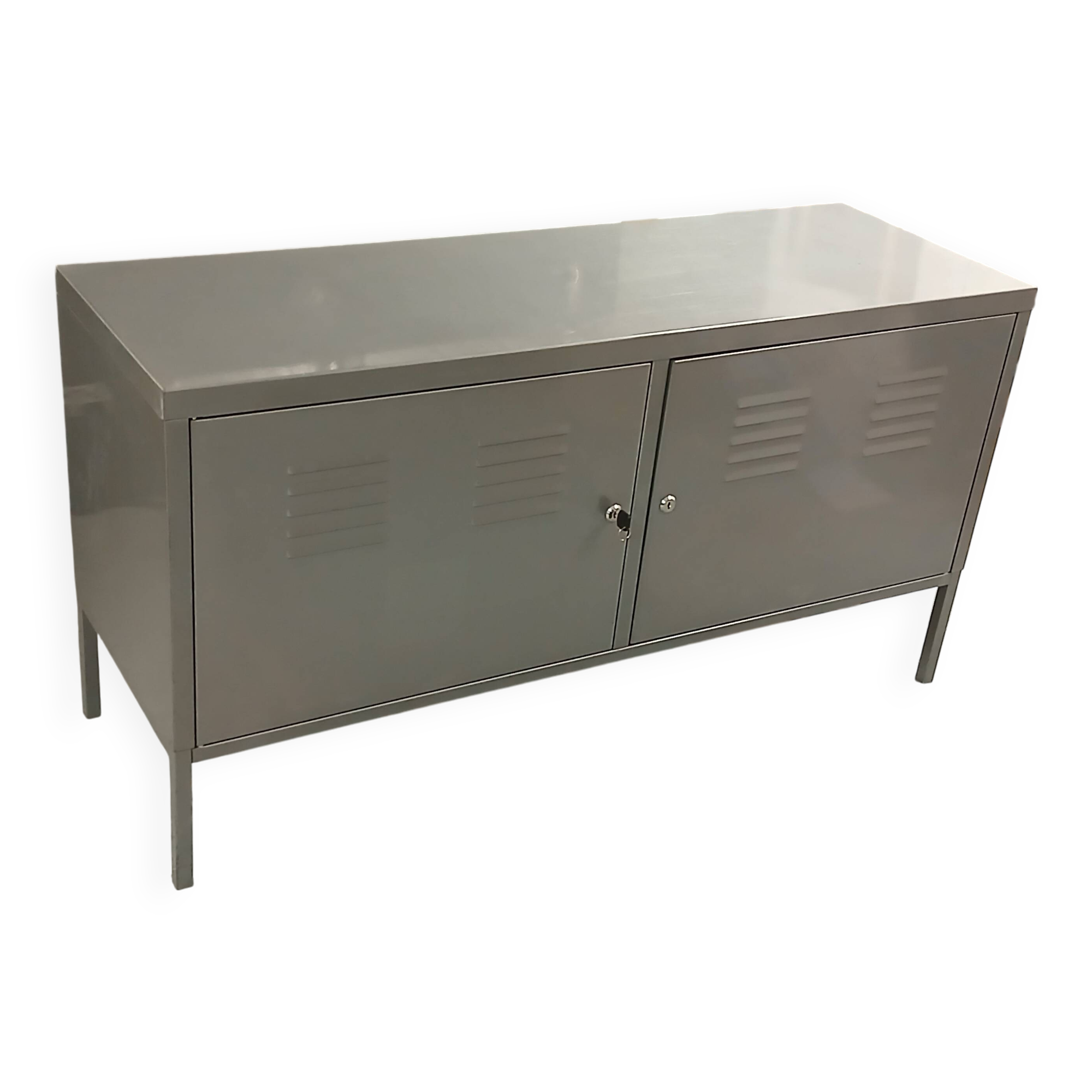 Small mouse gray industrial piece of furniture/sideboard.