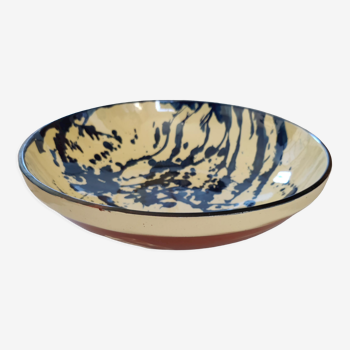 large round dish jatte salad bowl glazed terracotta blue cream