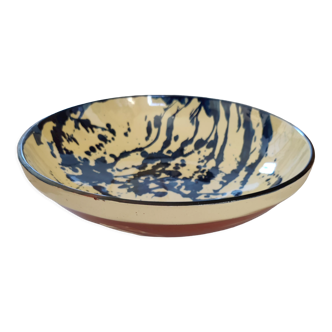 large round dish jatte salad bowl glazed terracotta blue cream