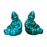 Pair of Art-Deco BookEnd Clowns drowsy in front of a book - glazed ceramics - 1930/1940
