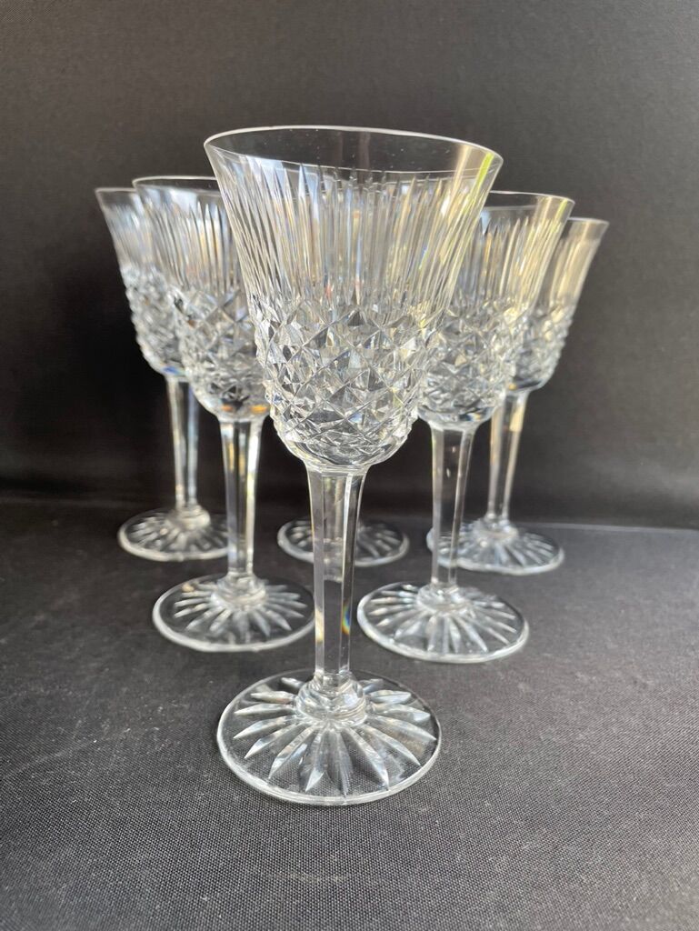 6 old carved crystal wine glasses
