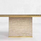 1970s square coffee table in travertine and brass