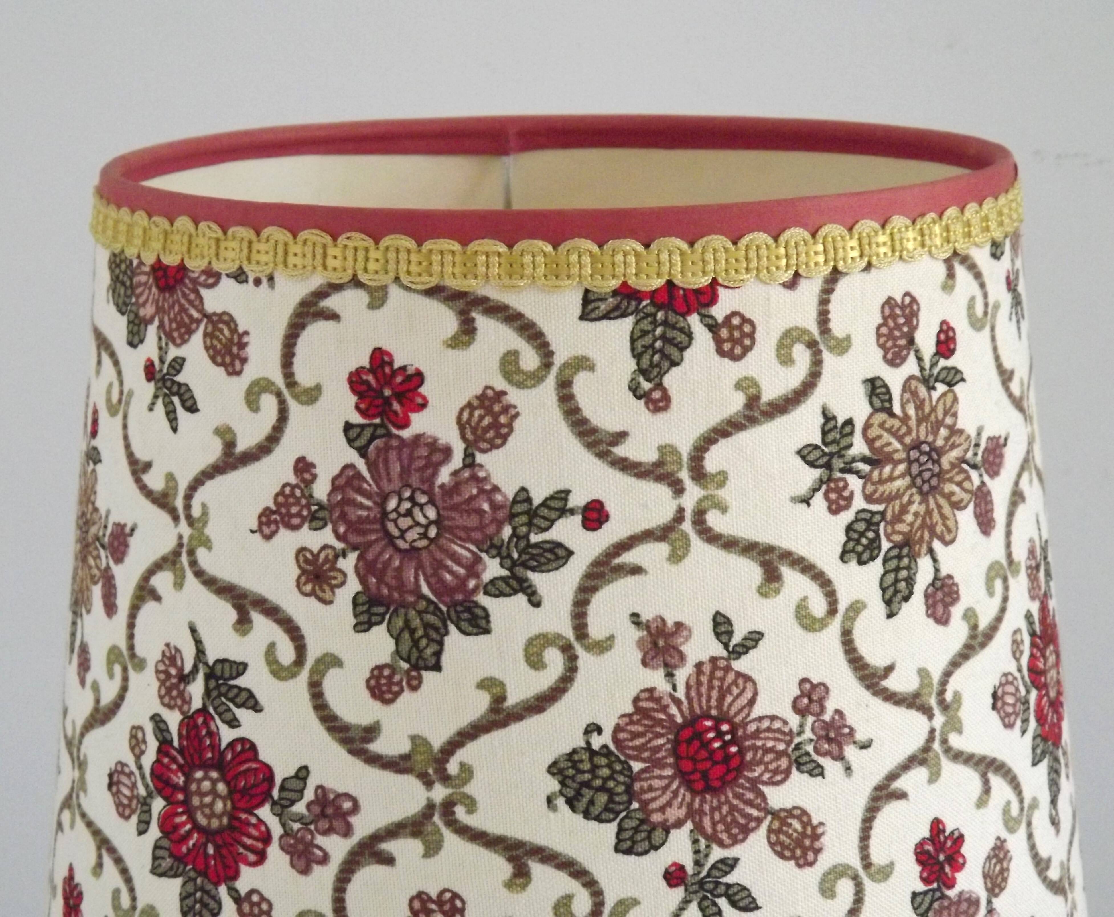 French Vintage Round Wooden Barley Twist Table Lamp With Floral Shade