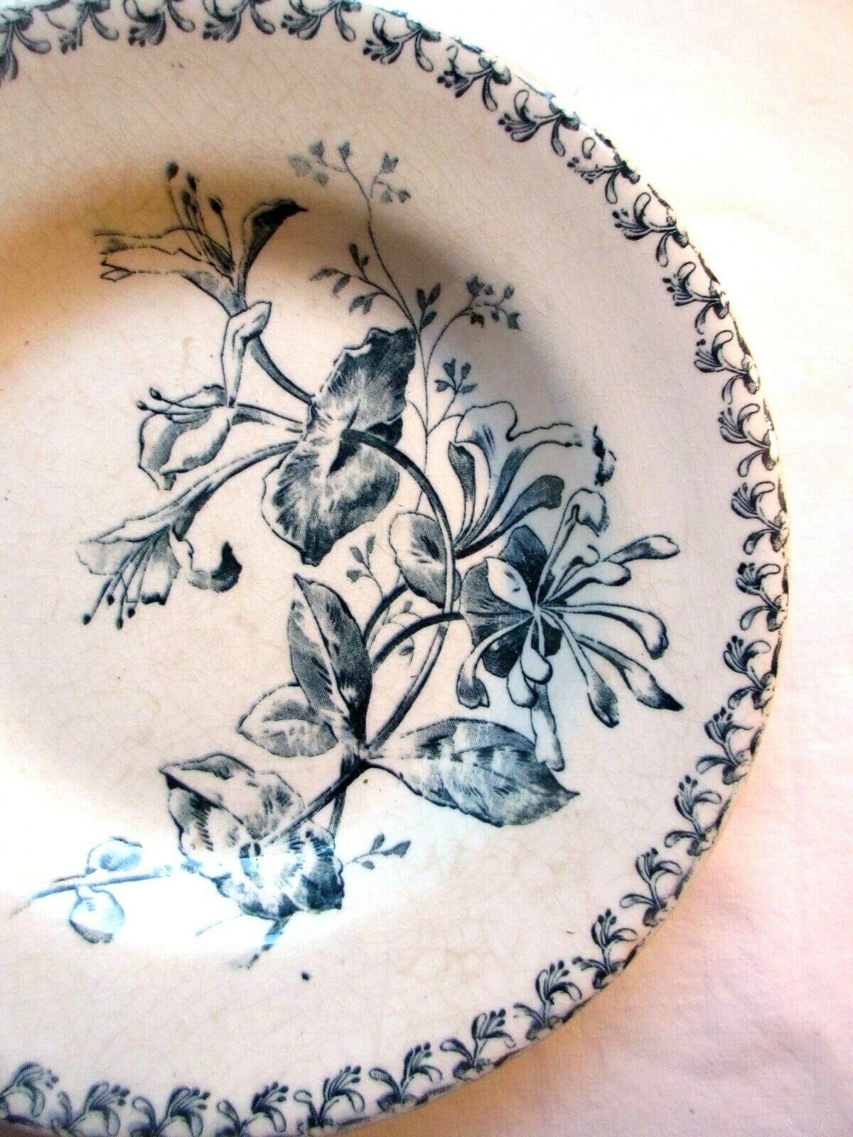 Art Nouveau Terre de Fer GIEN hollow plate, blue model, The Honeysuckle