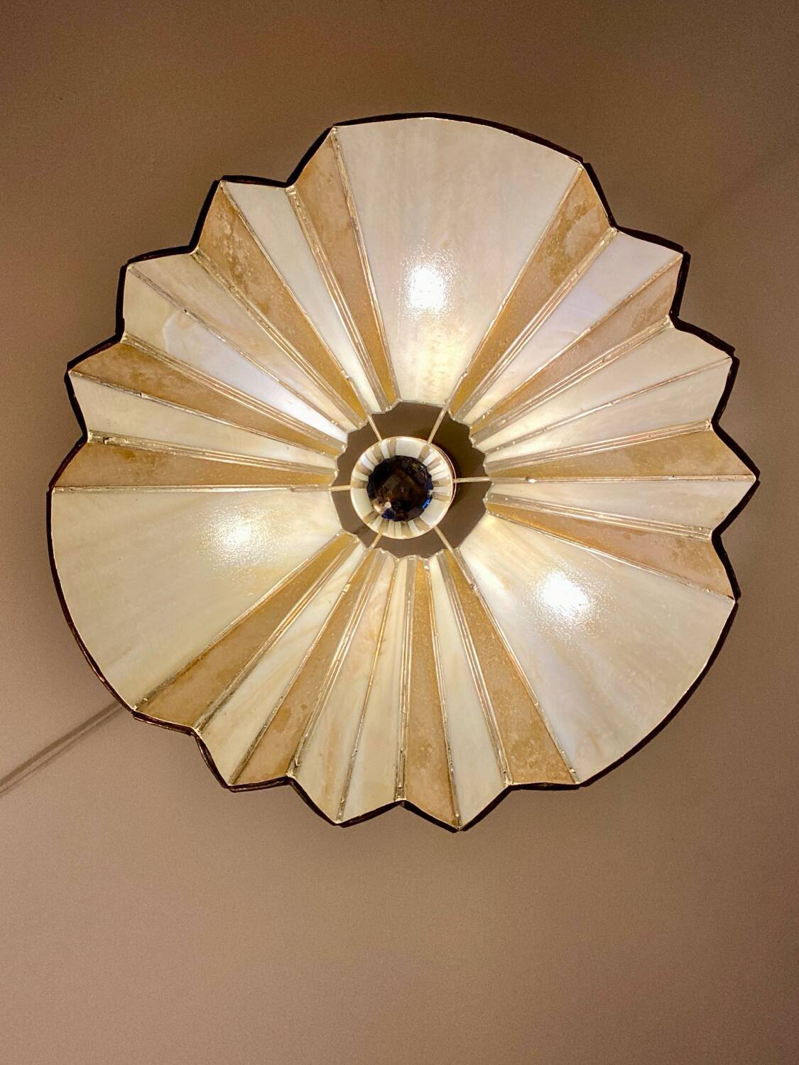 Glass paste and brass umbrella pendant light, 1970