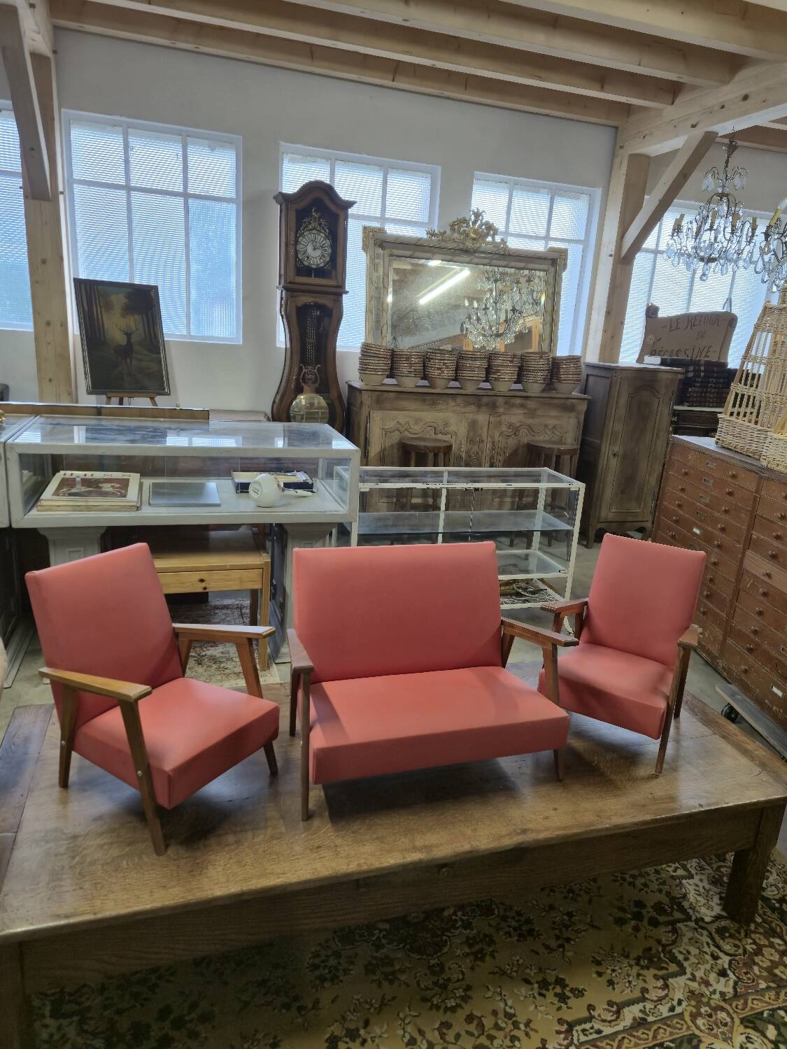 Vintage 1950s children's sofa and two armchairs with compass feet