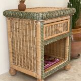 Set of 2 vintage woven rattan bedside tables.