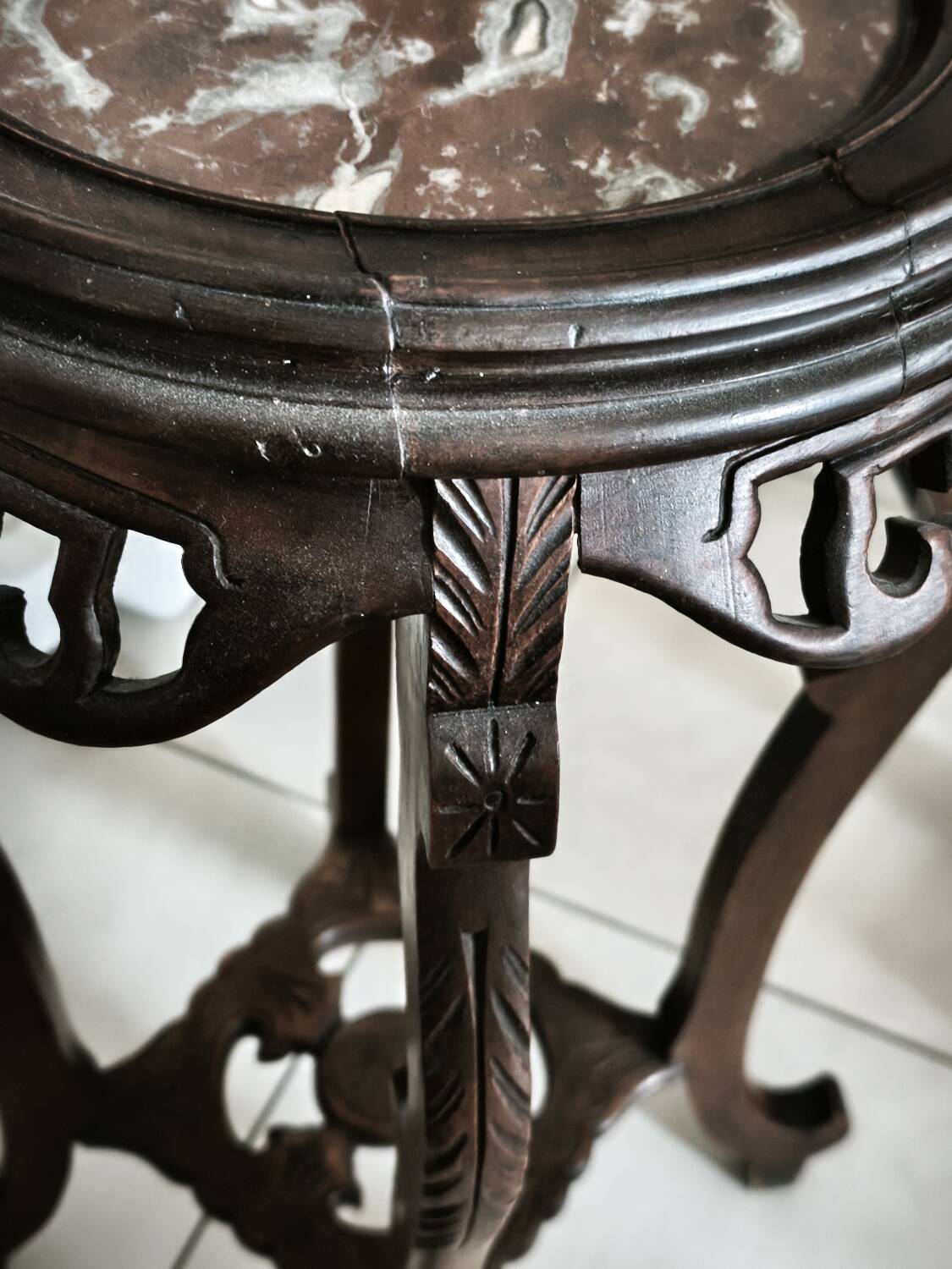Antique Indochinese style pedestal - carved wood and marble