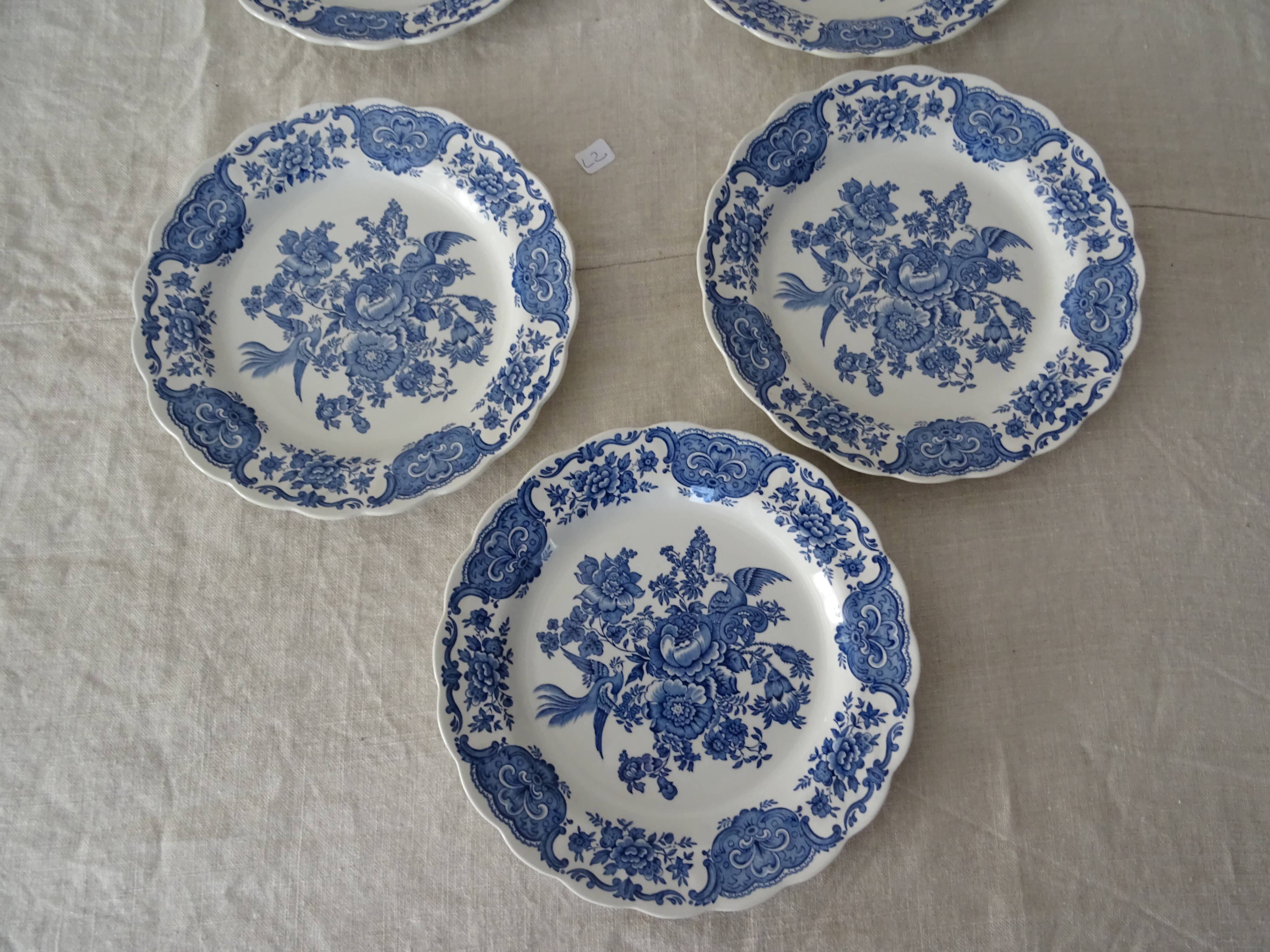 5 flat plates Ridgway Staffordshire Windsor blue bird flower