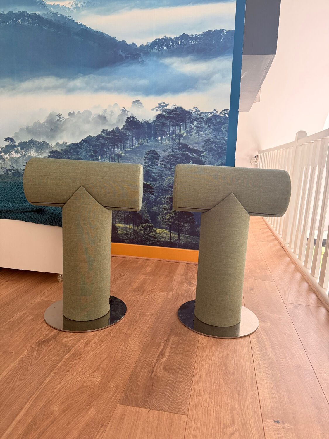 Pair of green Mister T Materia stools – like new