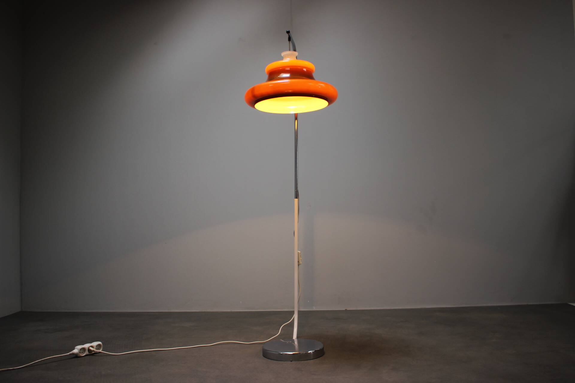 1970s Hungarian space age floor lamp in orange plastic and chrome.