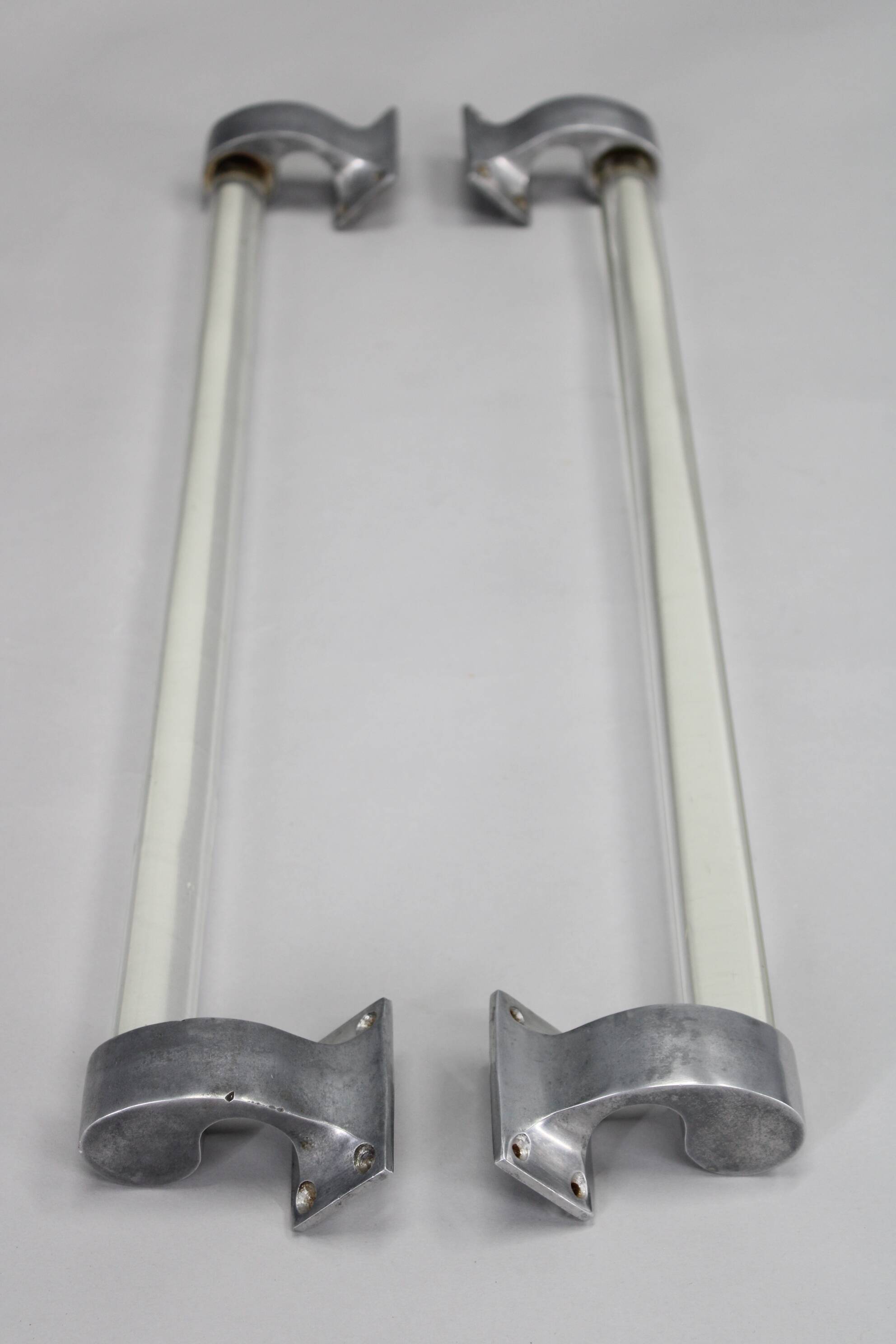 Pair of 1930s Czechoslovak Art Deco clear glass handles with metal mounts