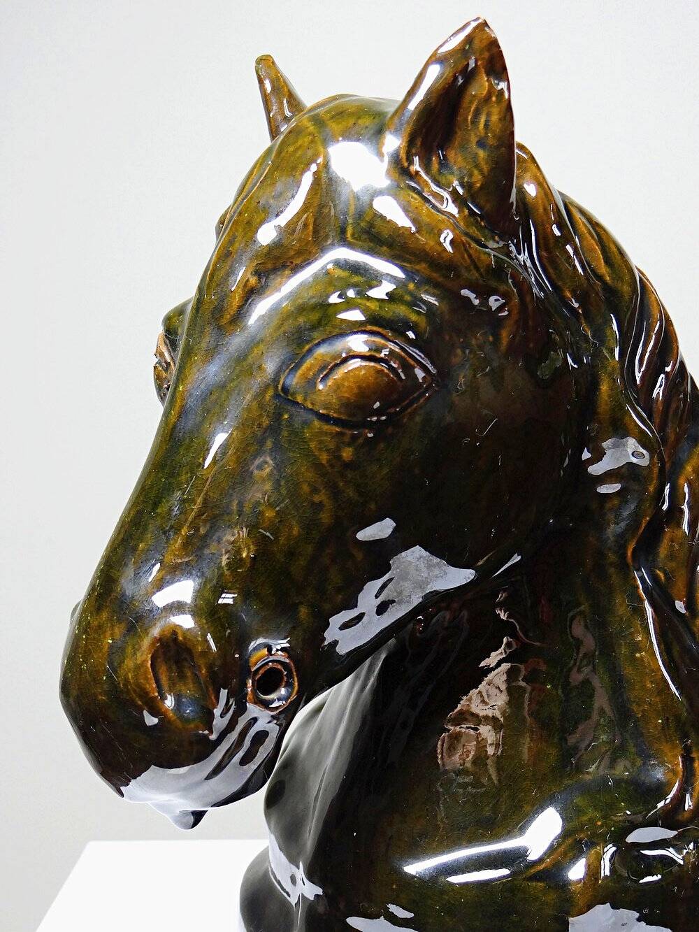 Vintage 1980s glazed terracotta chess knight or horse head.
