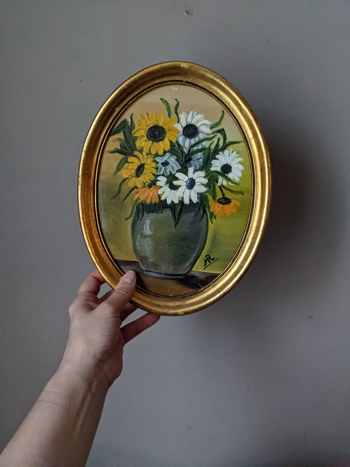 Still life acrylic on panel in a gilded oval frame