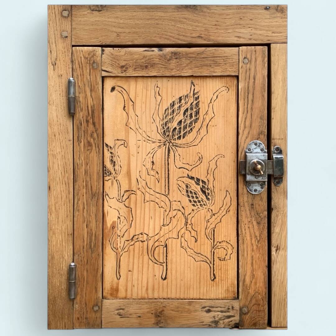 Parisian art deco sideboard in solid raw wood with pyrographed decorations, 1929