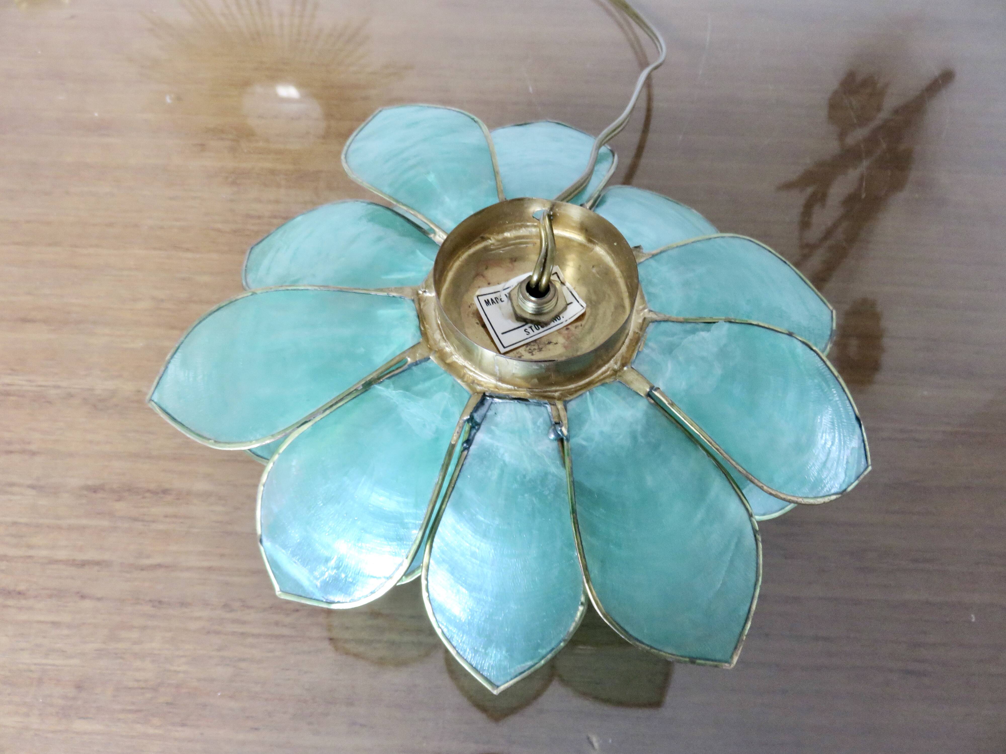 Capiz green mother-of-pearl and brass flower lamp, 1970s