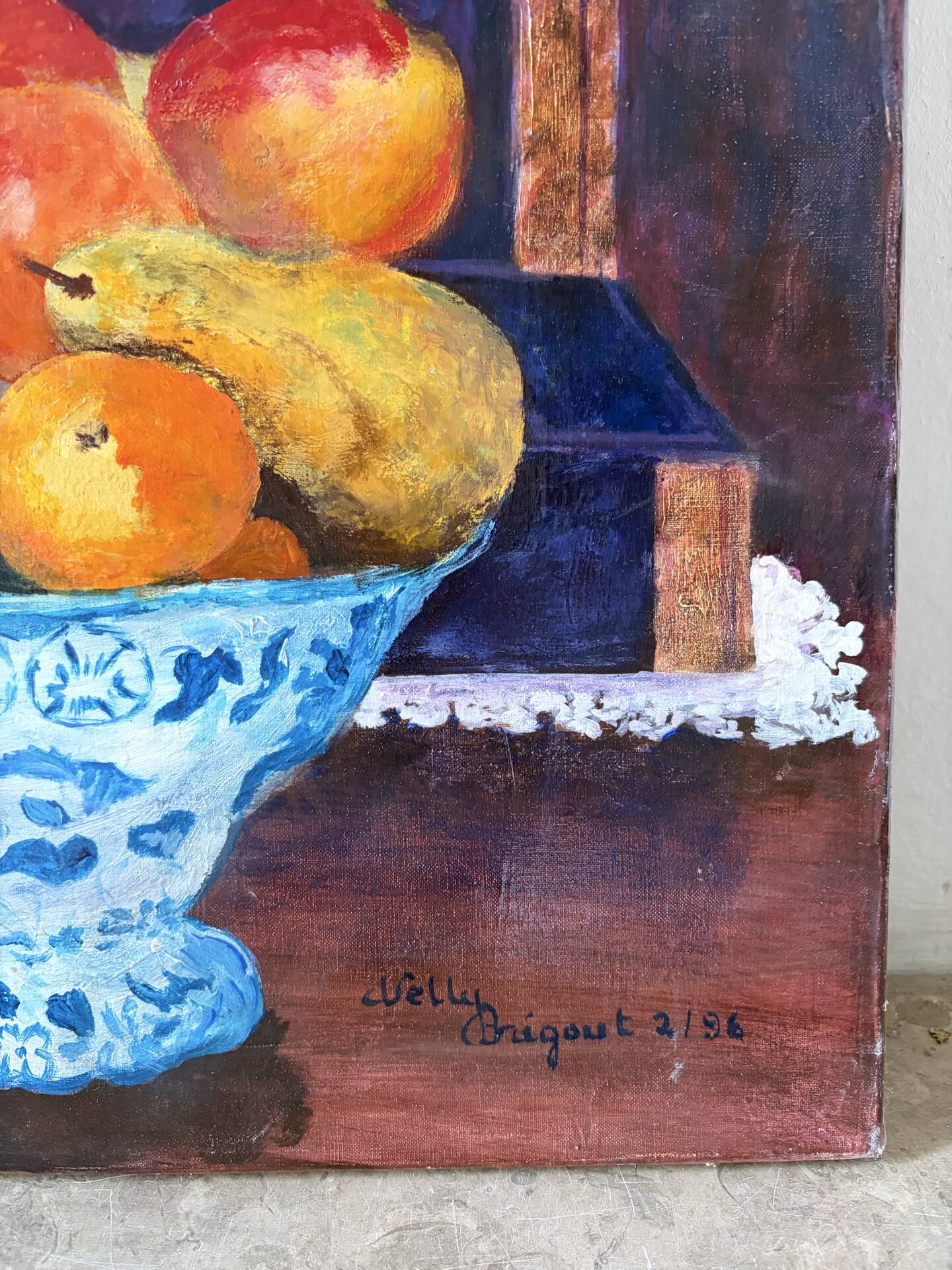 Fleurs champêtres et fruits, nature morte signée 1996