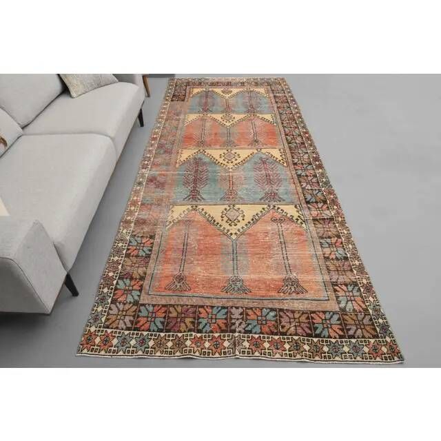 1970s Vintage Turkish Hand-Knotted Wool Cotton Orange Runner Rug 143x339
