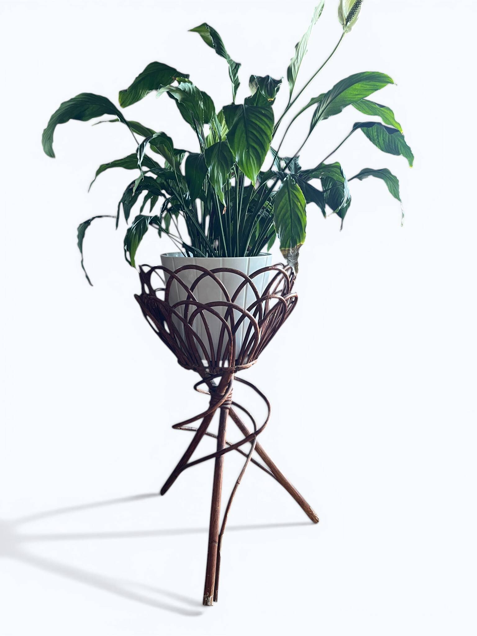 Tripod flower pot basket made of wicker, turned in the 1960s.