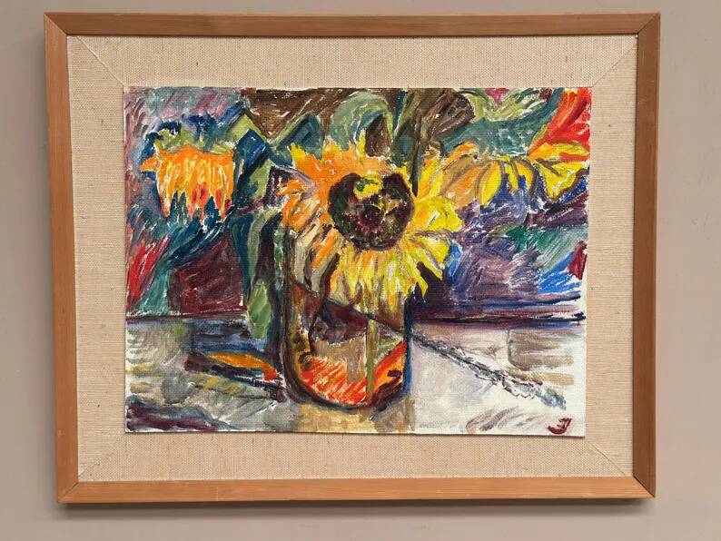 Original Swedish Oil on Panel – “Sunflowers” – Monogram Signed – Vintage & Framed
