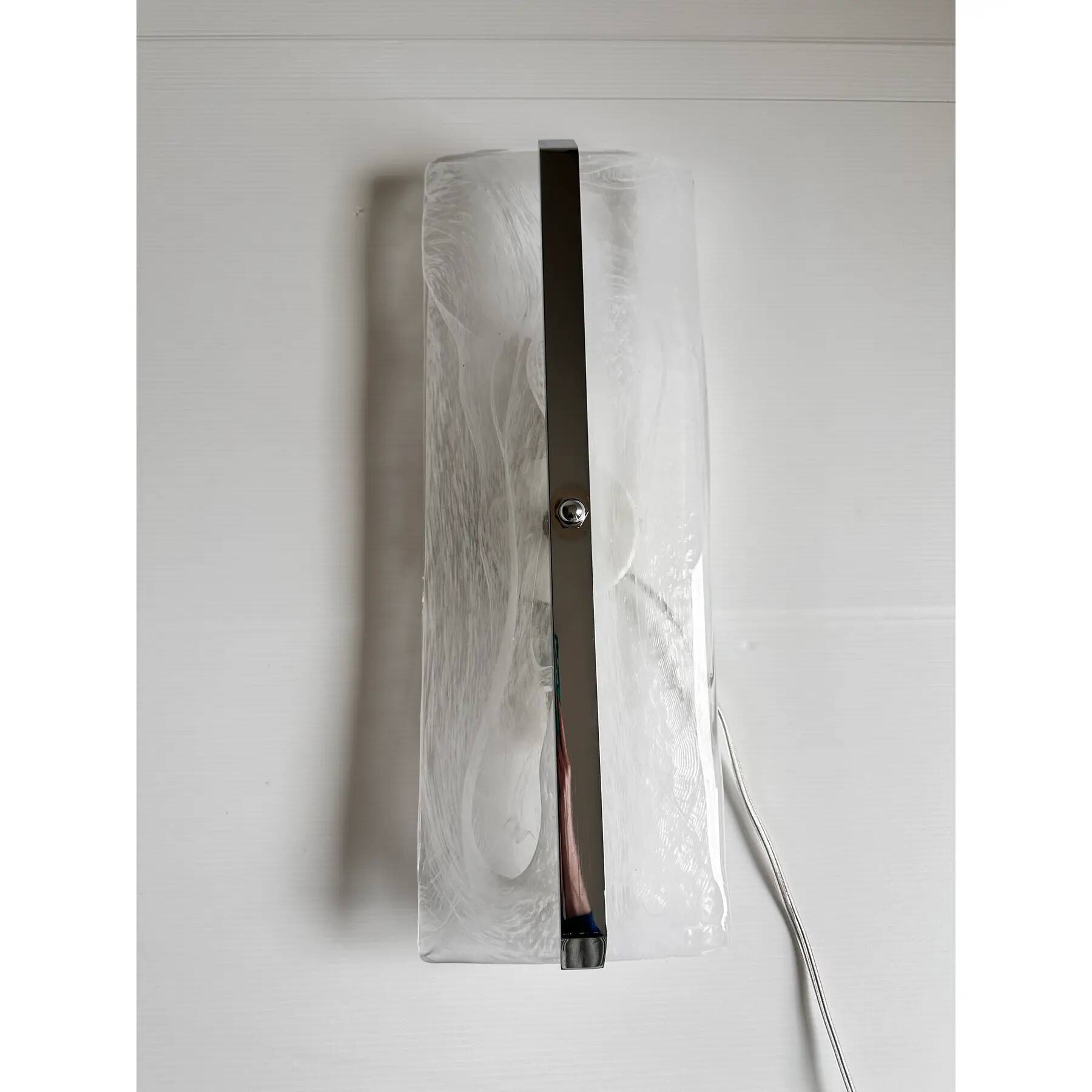 Contemporary Rectangular Venied-White "Alabastro" Murano Glass Chromed Wall