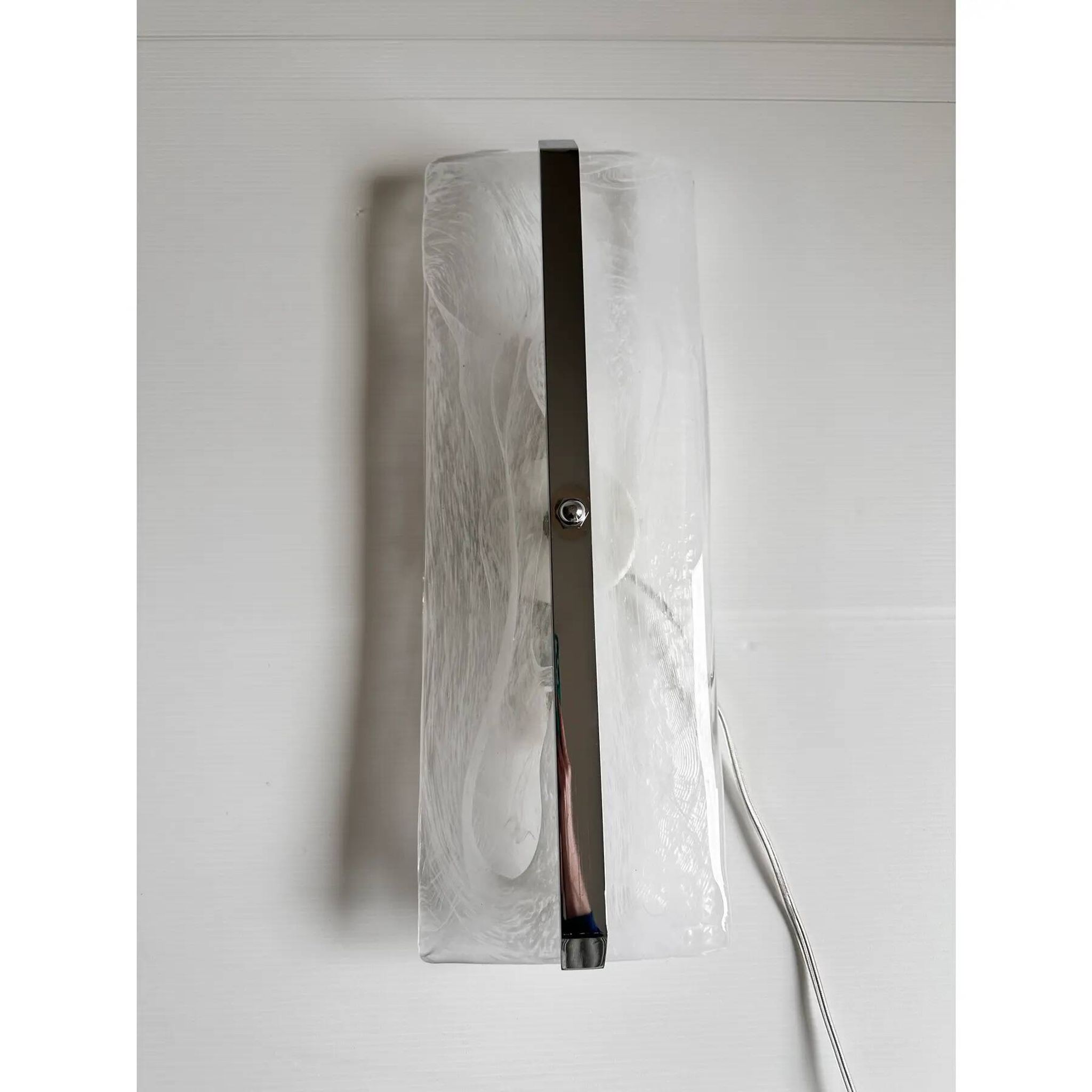 Contemporary Rectangular Venied-White "Alabastro" Murano Glass Chromed Wall