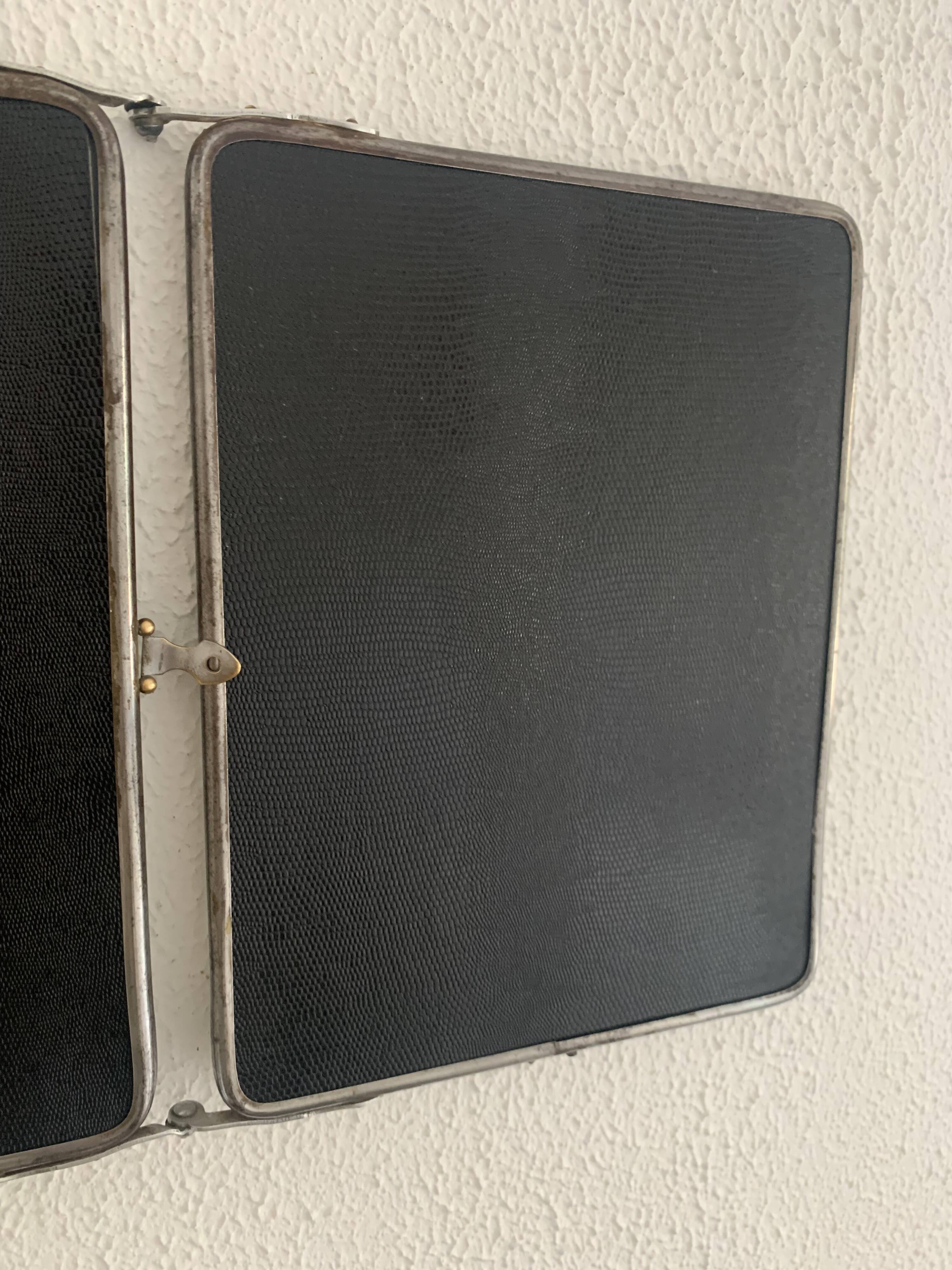 Vintage 1950s triptych barber mirror in black faux lizard - 27 x 67