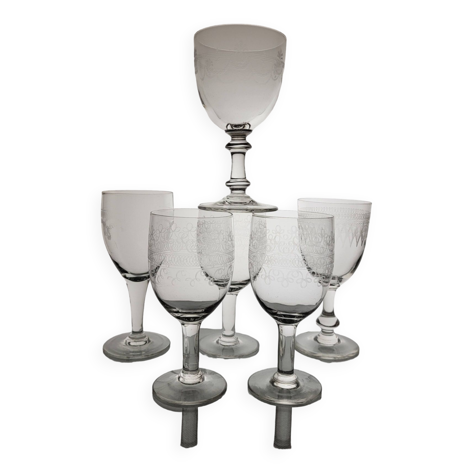 6 mismatched old wine/water glasses from the early 20th century.