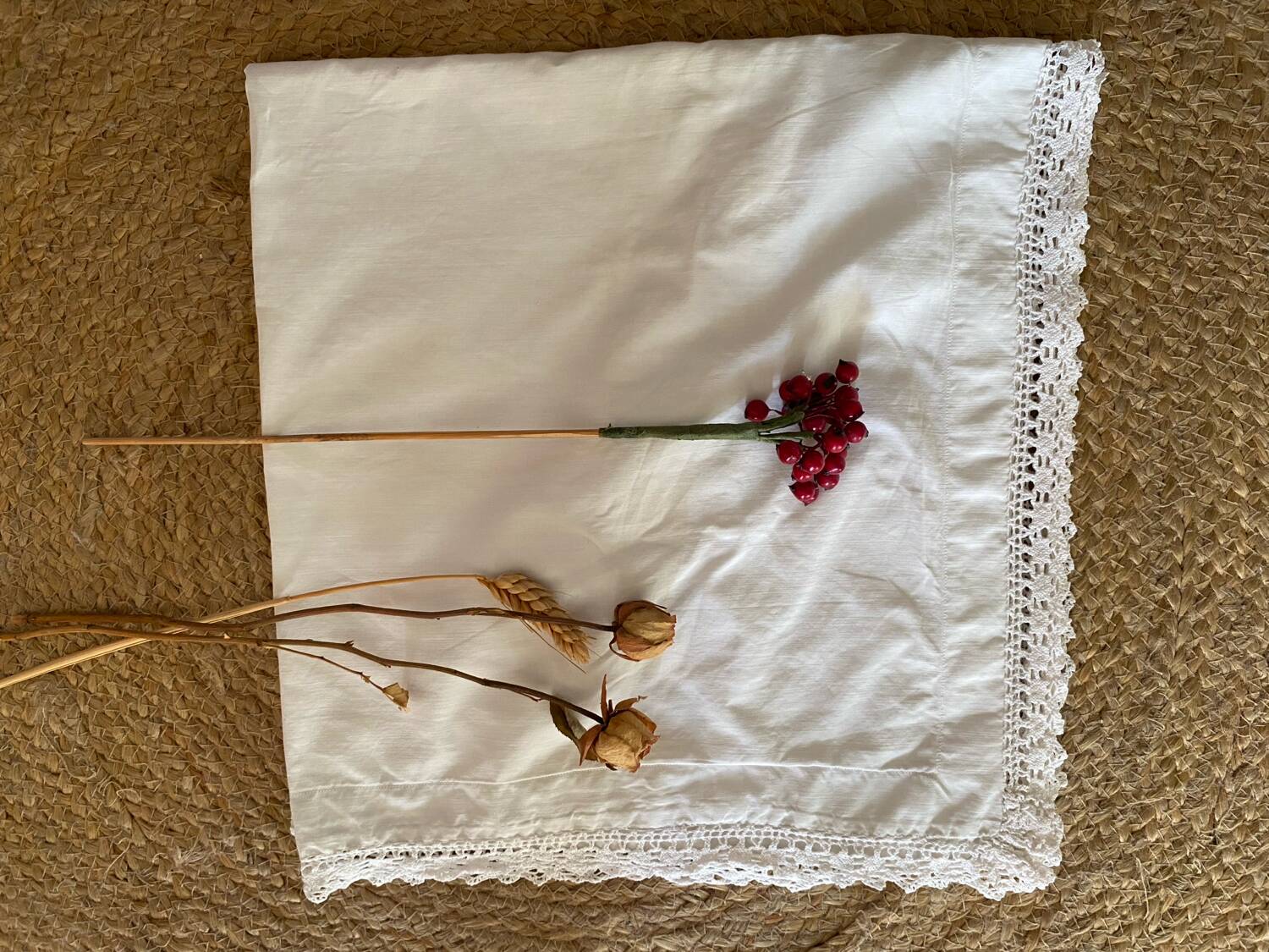 Old cotton and lace pillowcase.