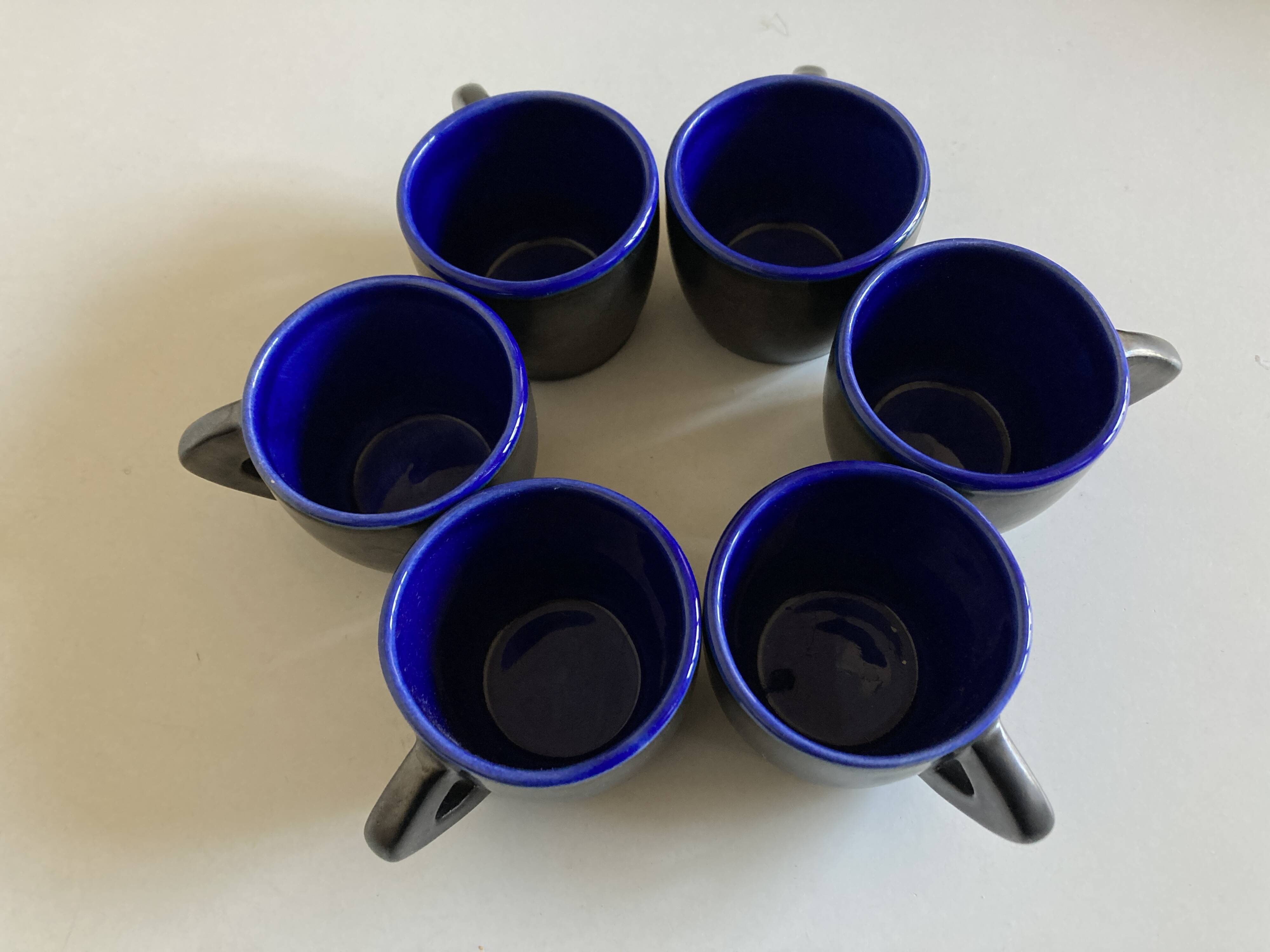 Set of 6 mid-century pottery mugs in glazed earthenware, 1960.