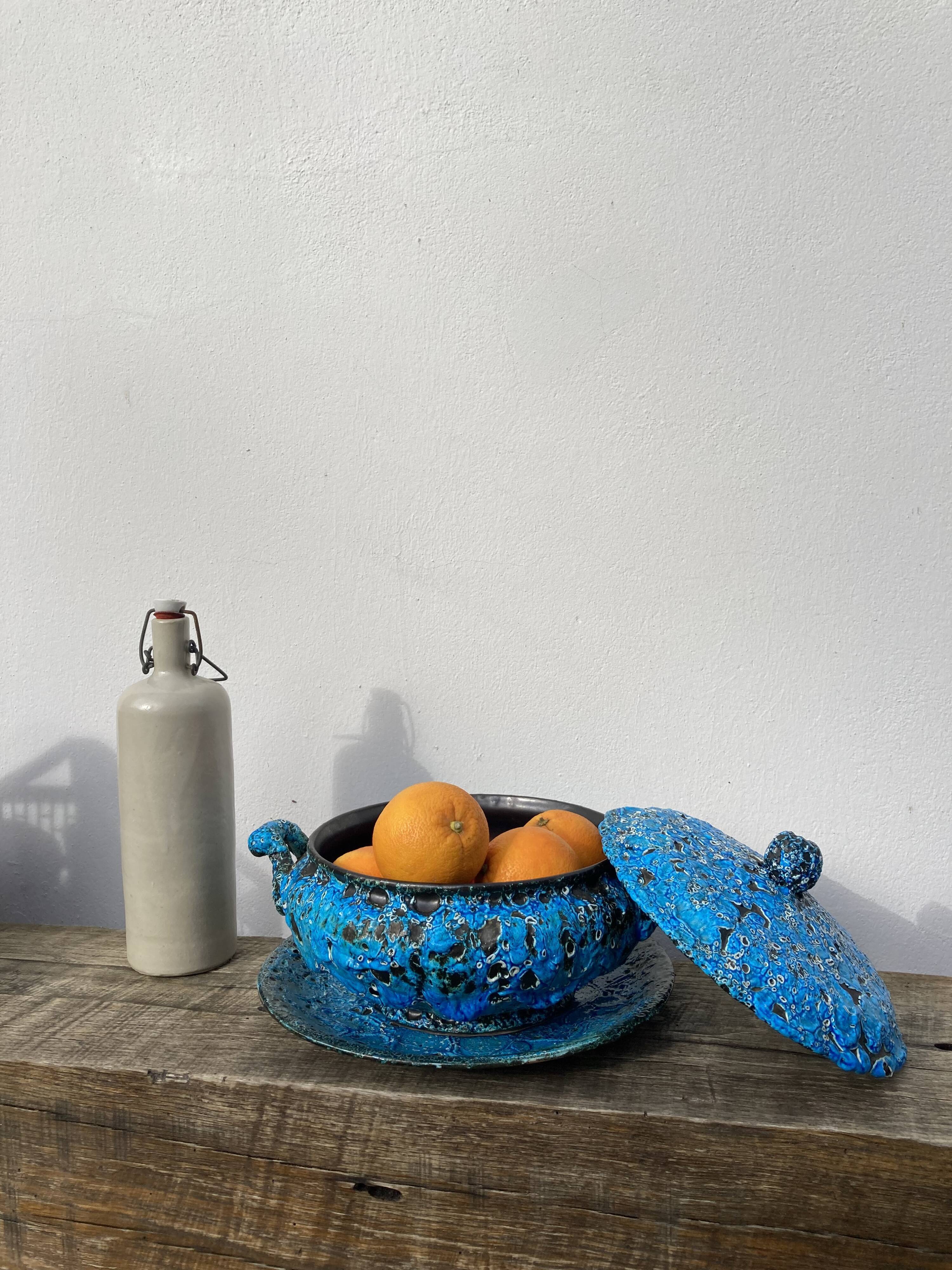 Glacier ennamel tureen vintage turquoise blue 1960 / cyclops varnished earthenware by Charles Cart