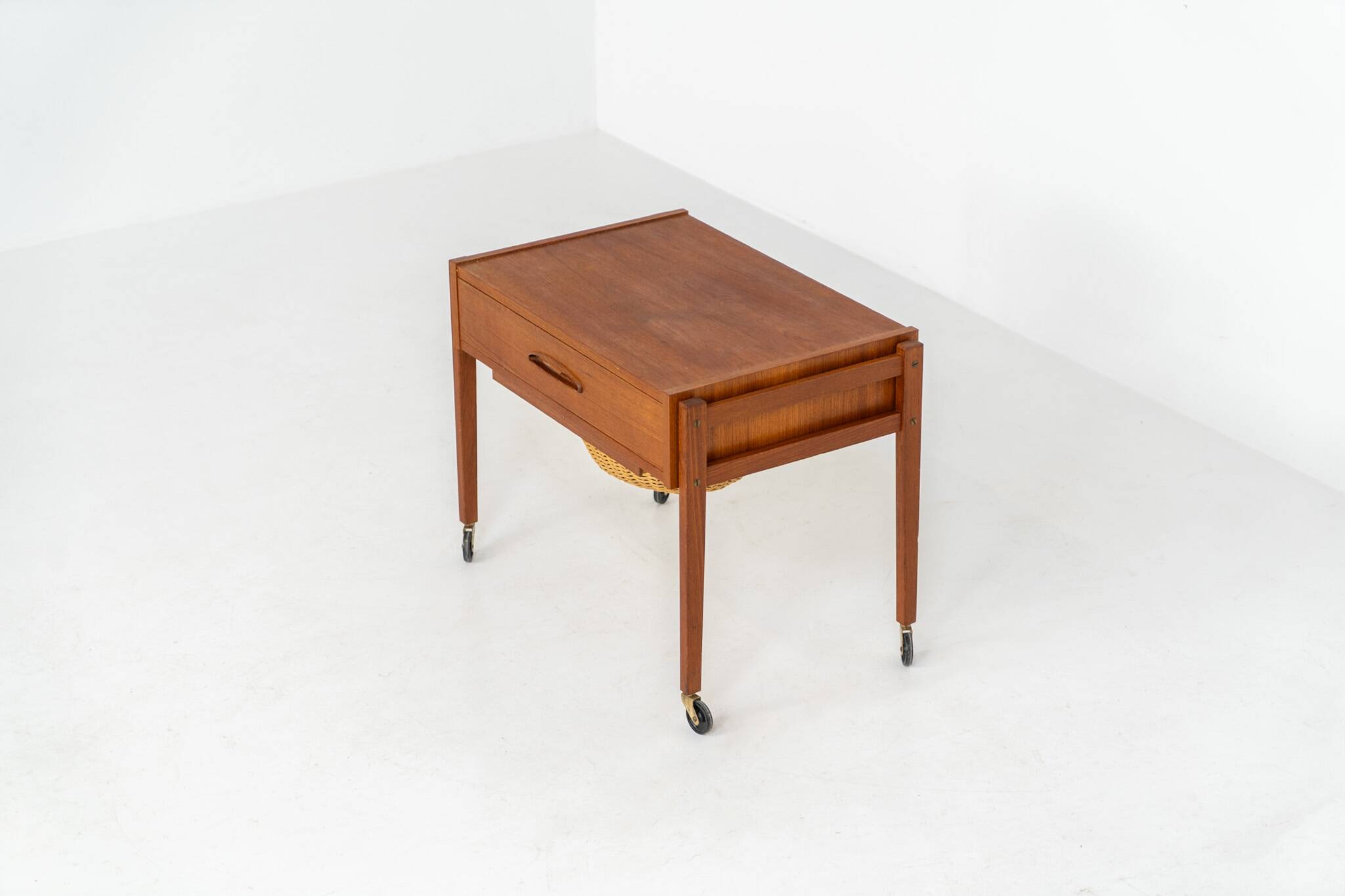Teak sewing trolley / side table on castors