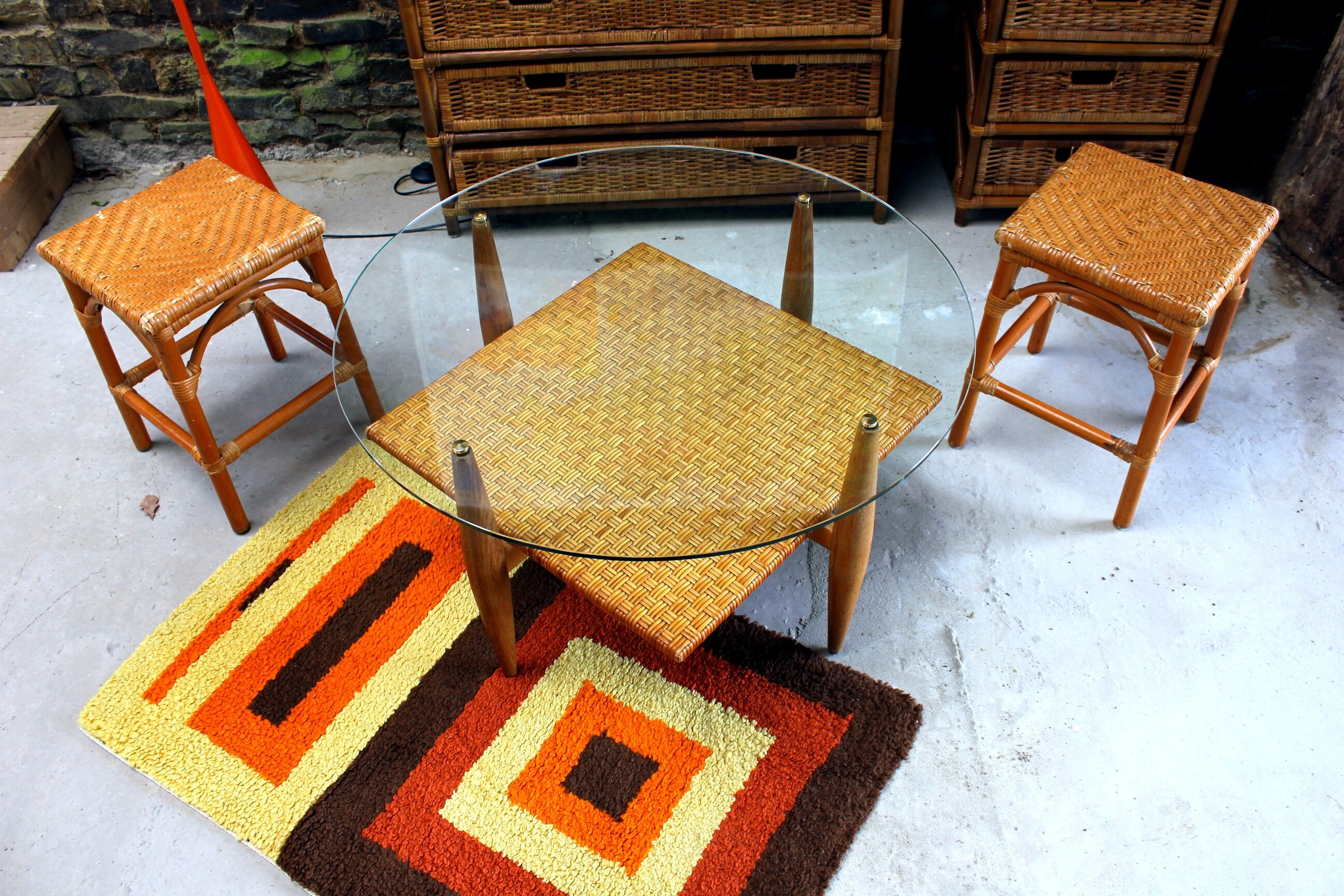 Rattan and wicker stool, vintage bedside table year 70