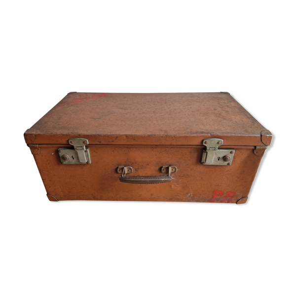 Ancienne malle militaire vintage orange en métal