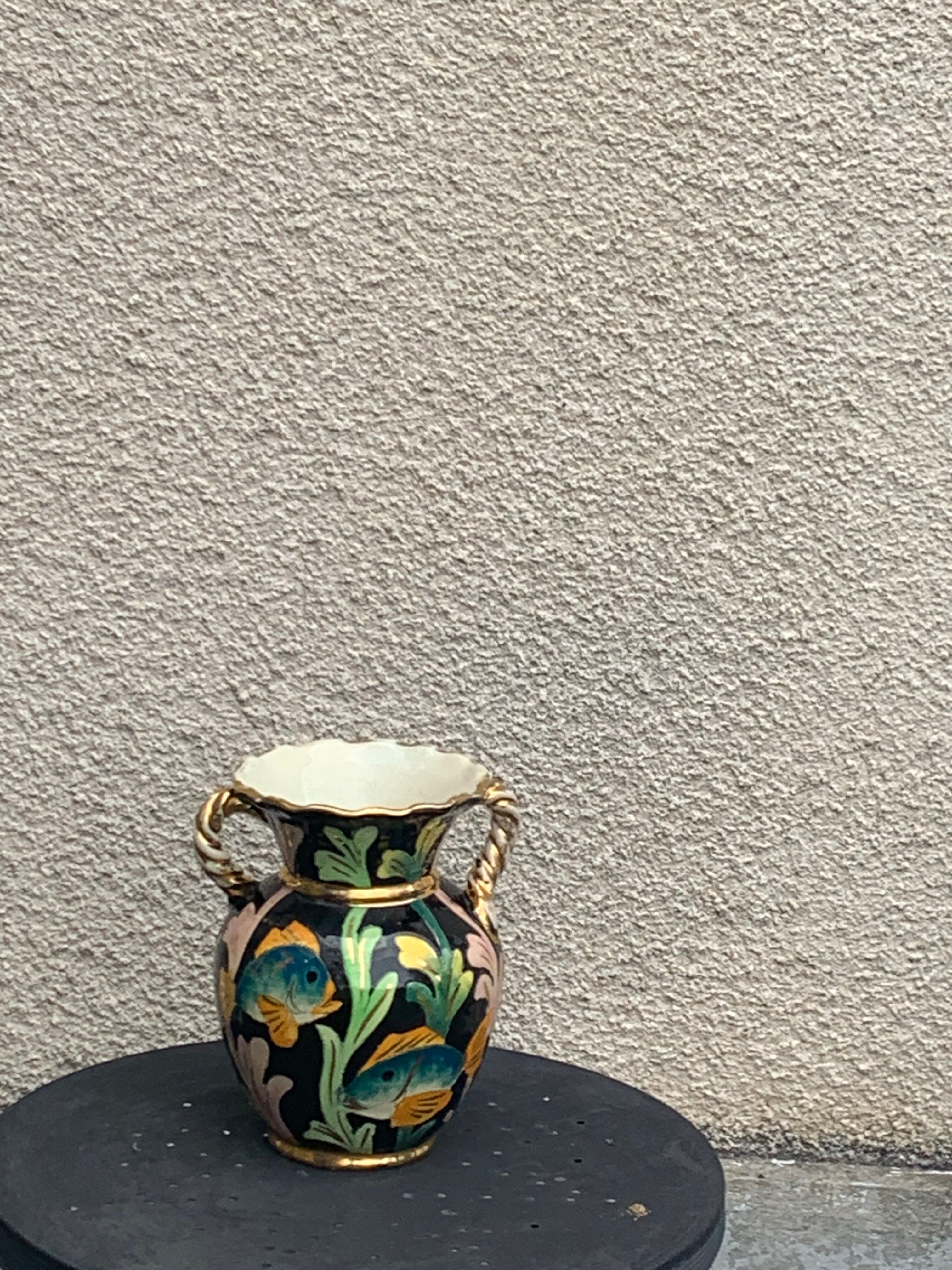 Amphora vase in glazed ceramic vintage vallauris fish motifs
