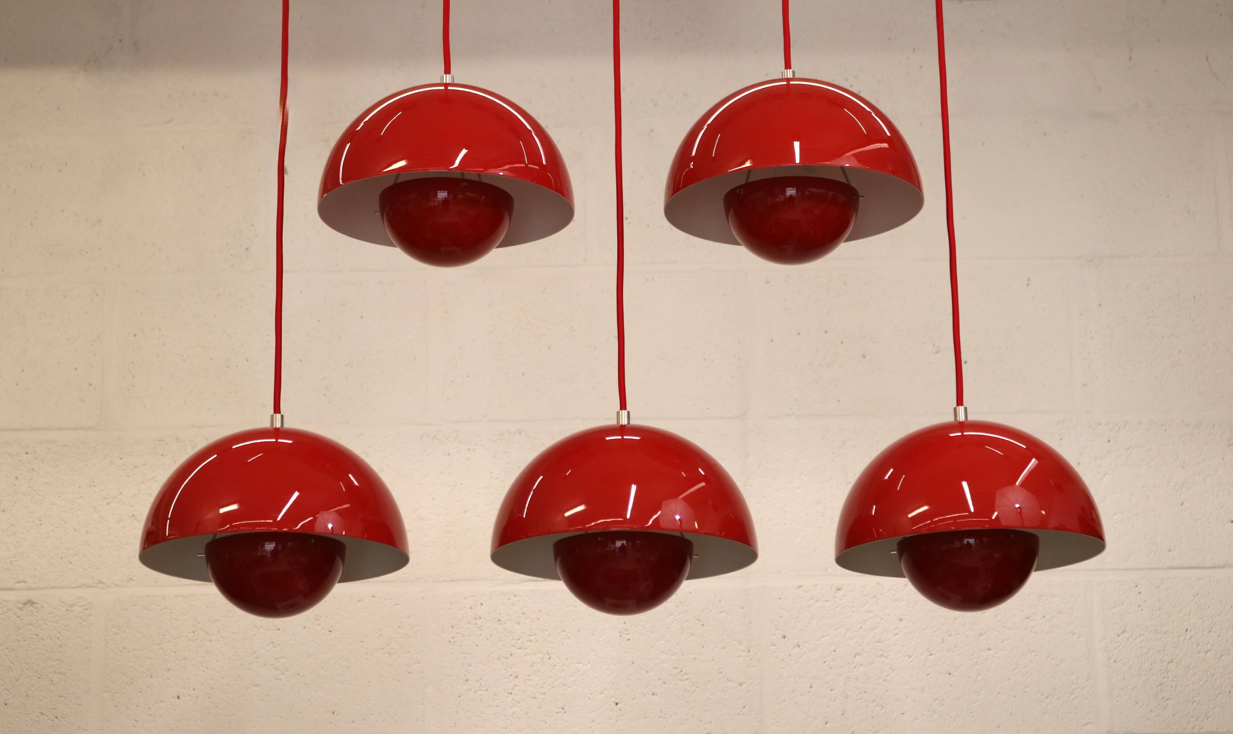 Iconic VP1 cherry red enamel flowerpot lamps designed by Verner Panton - &t